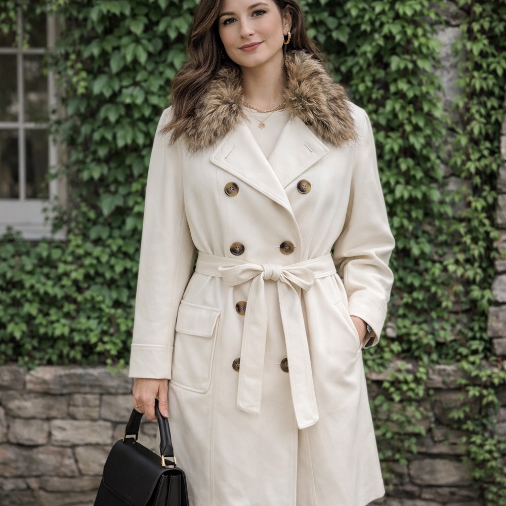 OLD NAVY Cream Wool Blend Pea Coat with Faux Fur Collar, 3X
